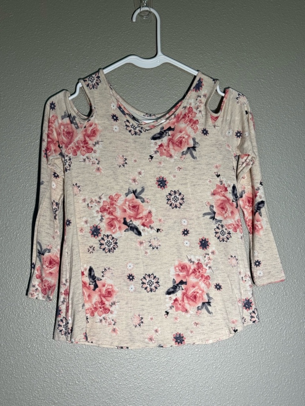 Justice Beige Floral Cold-Shoulder Long Sleeve Top - Pink Floral
